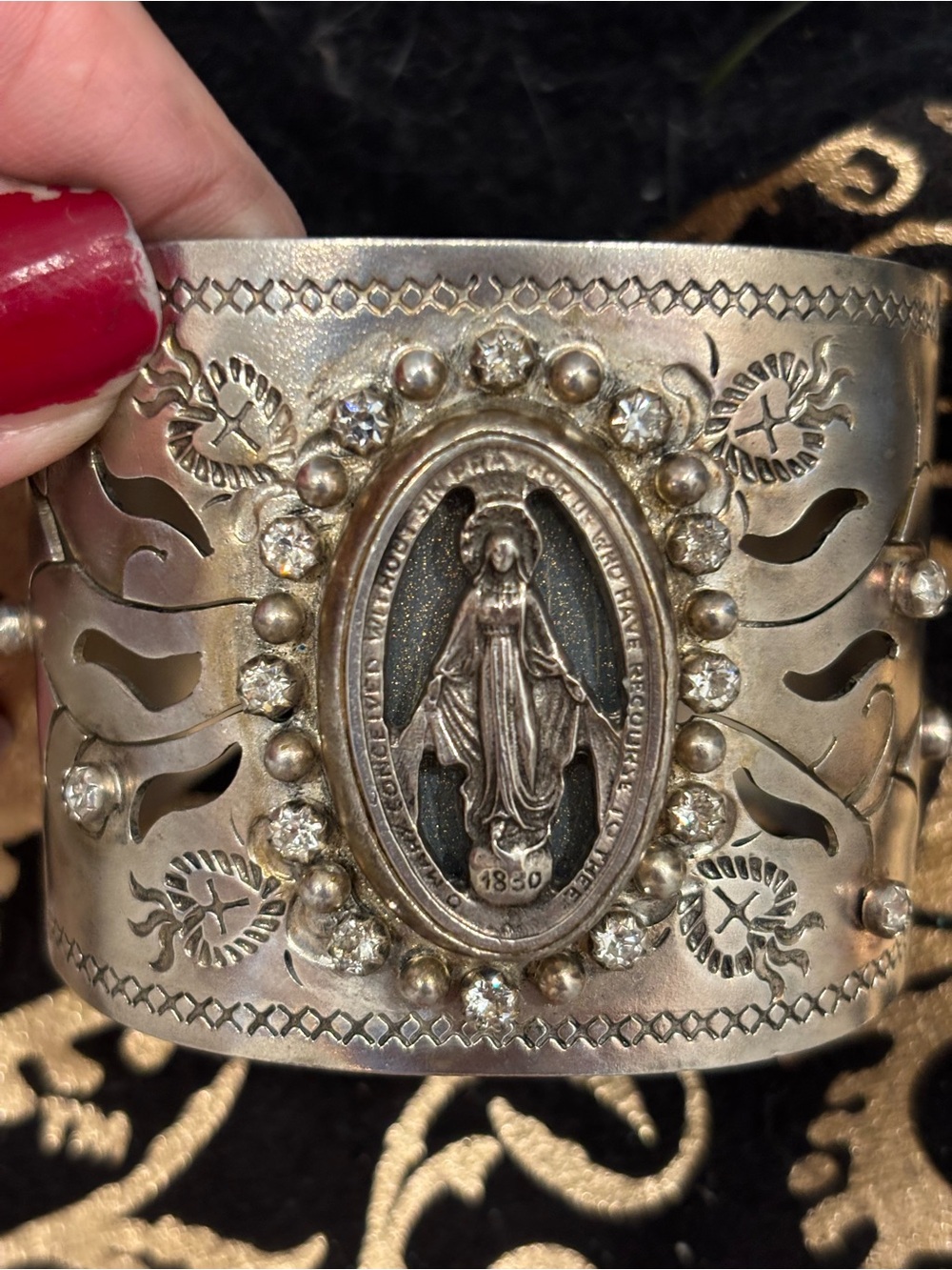 Virgins Saints & Angels Silver Tone Milagrosa Medallion Cuff with Swarovski